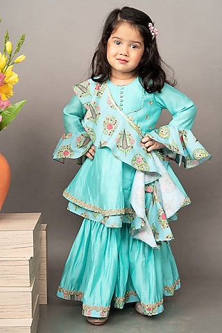 Aqua Blue Roman Silk Zardosi Hand Embroidered Flared Sharara Set For Girls by LITTLE BRATS