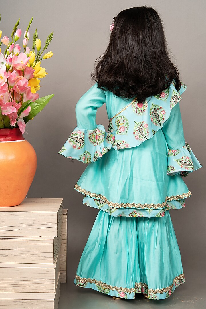 Aqua Blue Roman Silk Zardosi Hand Embroidered Flared Sharara Set For Girls by LITTLE BRATS at Pernia's Pop Up Shop