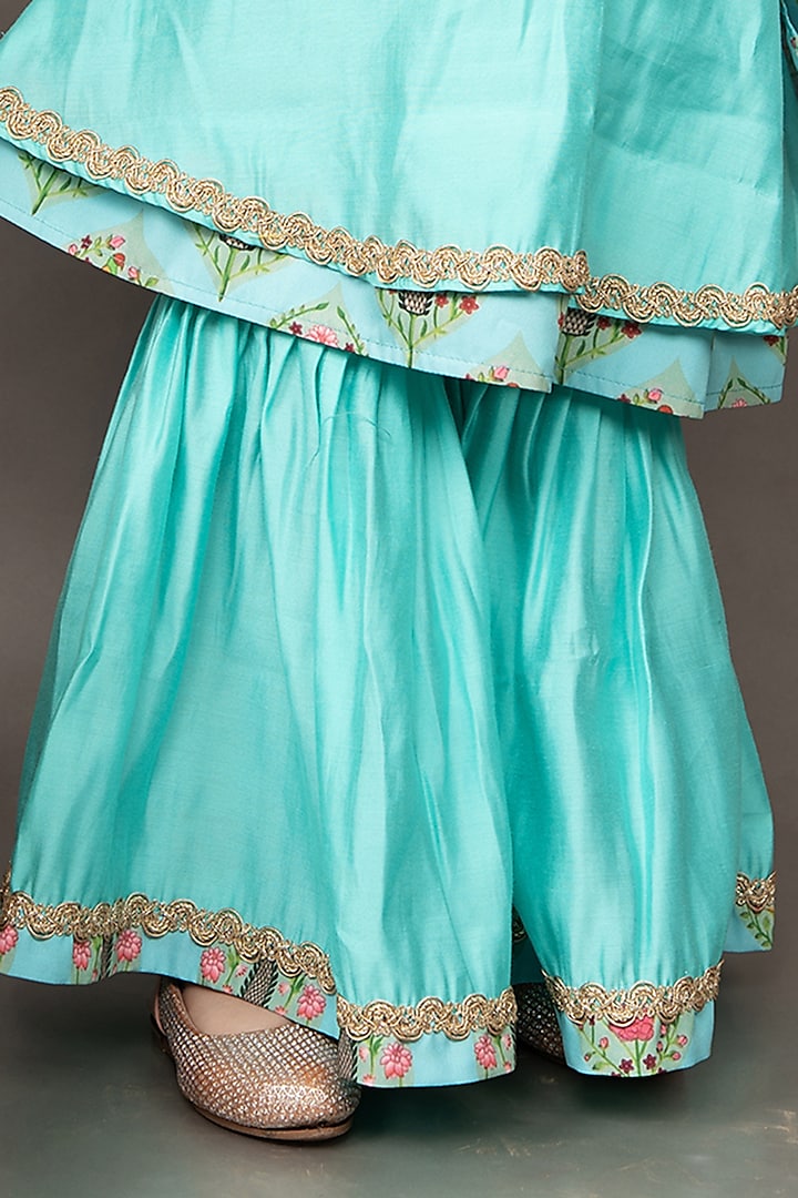 Aqua Blue Roman Silk Zardosi Hand Embroidered Flared Sharara Set For Girls by LITTLE BRATS at Pernia's Pop Up Shop
