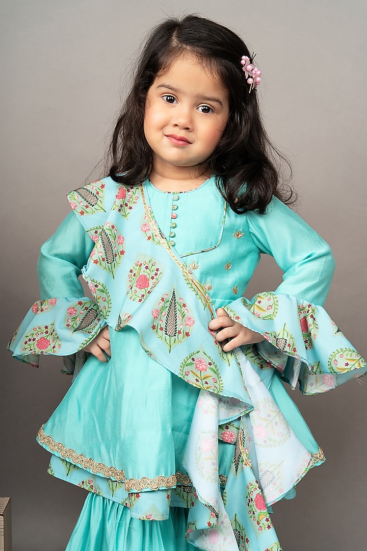 Aqua Blue Roman Silk Zardosi Hand Embroidered Flared Sharara Set For Girls by LITTLE BRATS at Pernia's Pop Up Shop