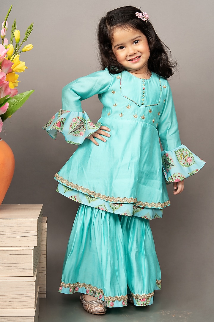 Aqua Blue Roman Silk Zardosi Hand Embroidered Flared Sharara Set For Girls by LITTLE BRATS at Pernia's Pop Up Shop