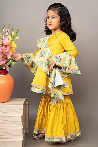 Mustard Yellow Roman Silk Zardosi Hand Embroidered Flared Sharara Set For Girls by LITTLE BRATS