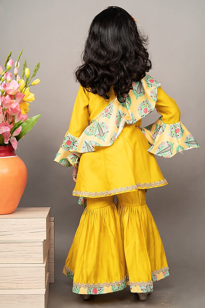 Mustard Yellow Roman Silk Zardosi Hand Embroidered Flared Sharara Set For Girls by LITTLE BRATS at Pernia's Pop Up Shop