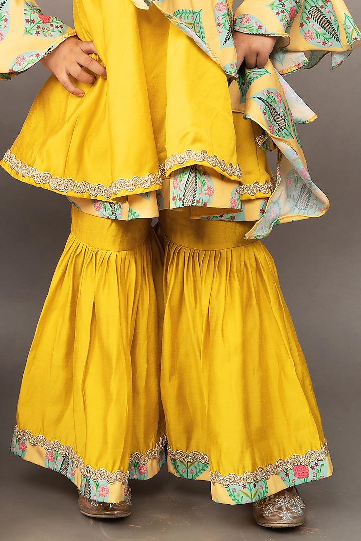 Mustard Yellow Roman Silk Zardosi Hand Embroidered Flared Sharara Set For Girls by LITTLE BRATS at Pernia's Pop Up Shop