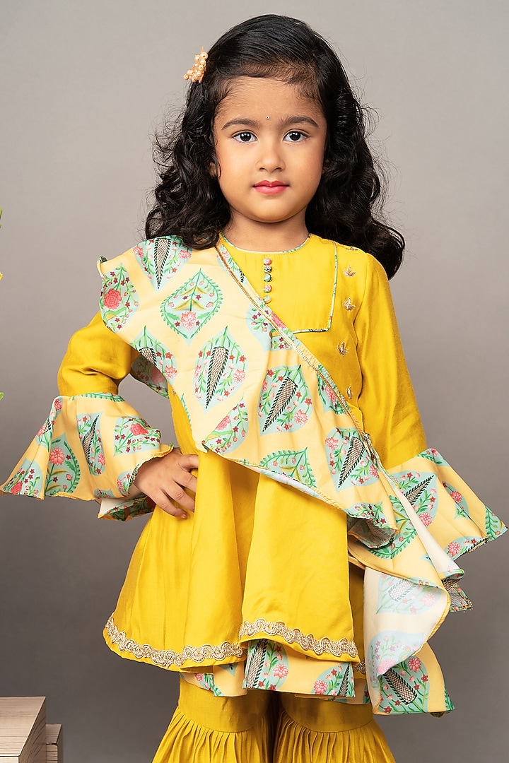 Mustard Yellow Roman Silk Zardosi Hand Embroidered Flared Sharara Set For Girls by LITTLE BRATS at Pernia's Pop Up Shop