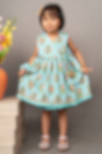 Aqua Blue Crepe Printed Angrakha Dress For Girls by LITTLE BRATS at Pernia's Pop Up Shop