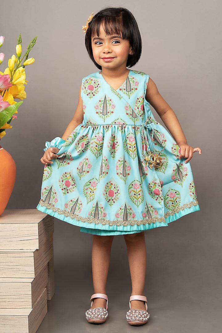 Aqua Blue Crepe Printed Angrakha Dress For Girls by LITTLE BRATS at Pernia's Pop Up Shop