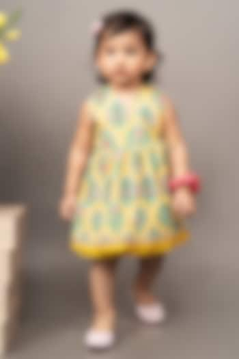 Mustard Yellow Crepe Printed Angrakha Dress For Girls by LITTLE BRATS at Pernia's Pop Up Shop