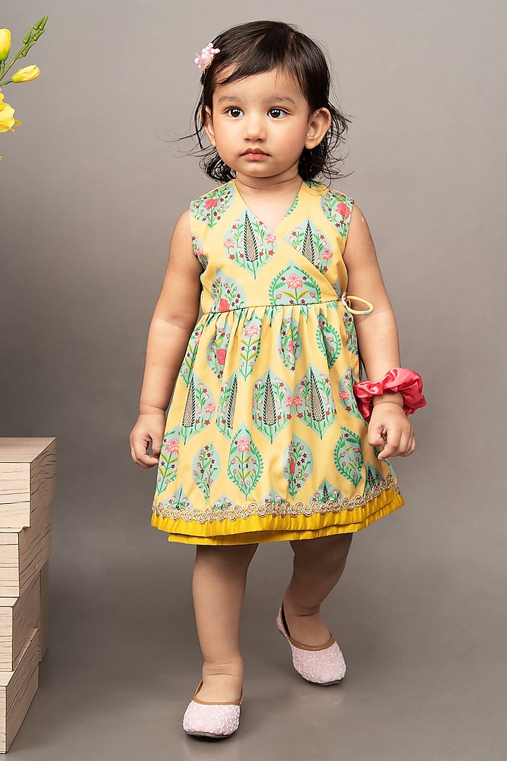 Mustard Yellow Crepe Printed Angrakha Dress For Girls by LITTLE BRATS at Pernia's Pop Up Shop