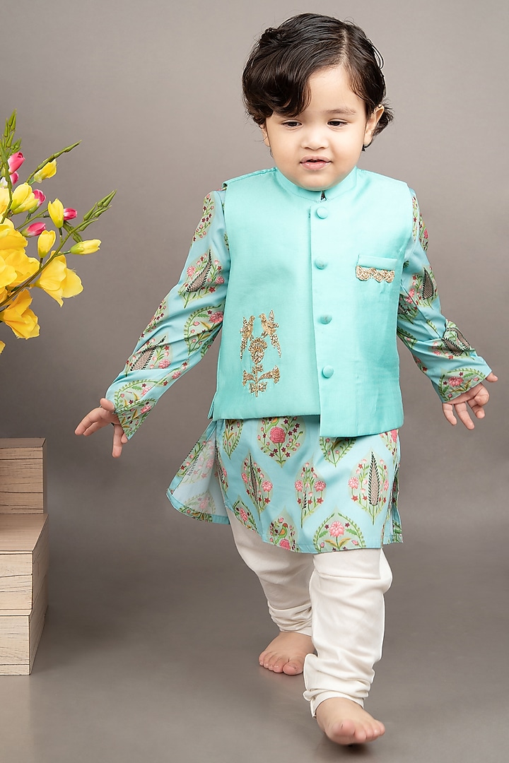 Aqua Blue Crepe Boota Hand Embroidered Nehru Jacket Set For Boys by LITTLE BRATS