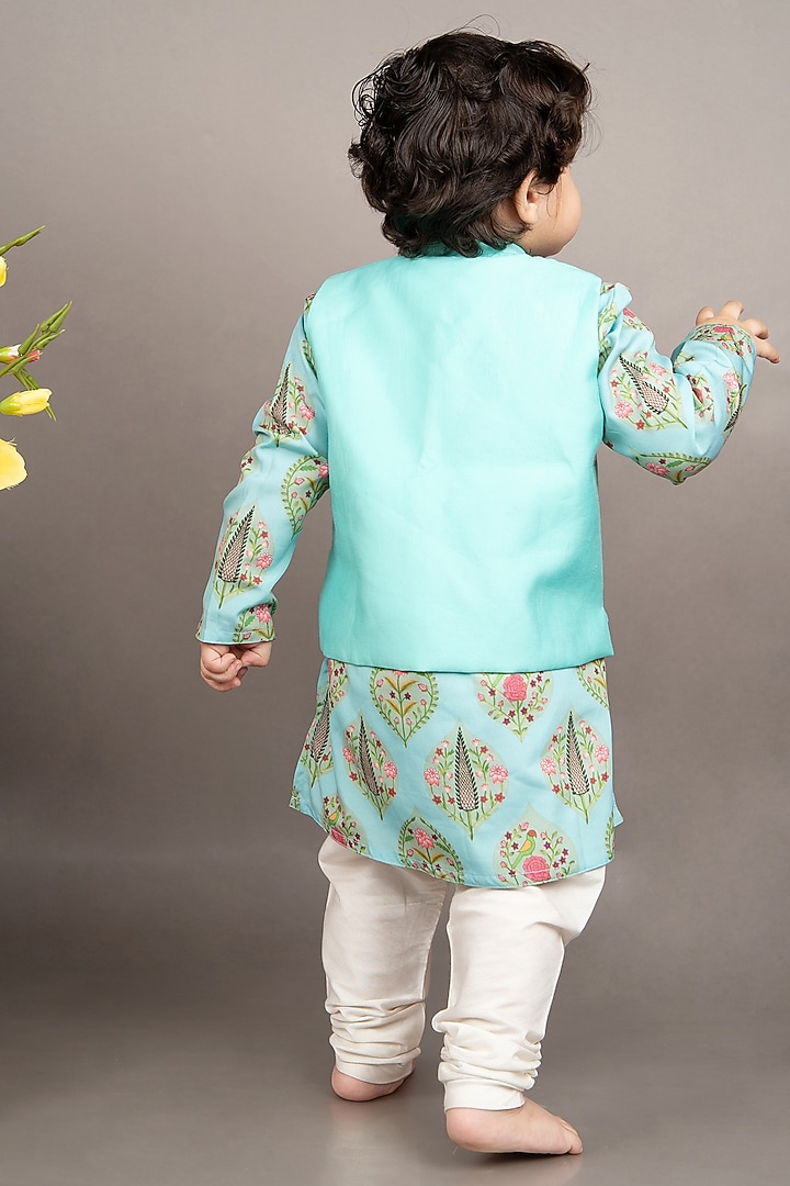 Aqua Blue Crepe Boota Hand Embroidered Nehru Jacket Set For Boys by LITTLE BRATS at Pernia's Pop Up Shop