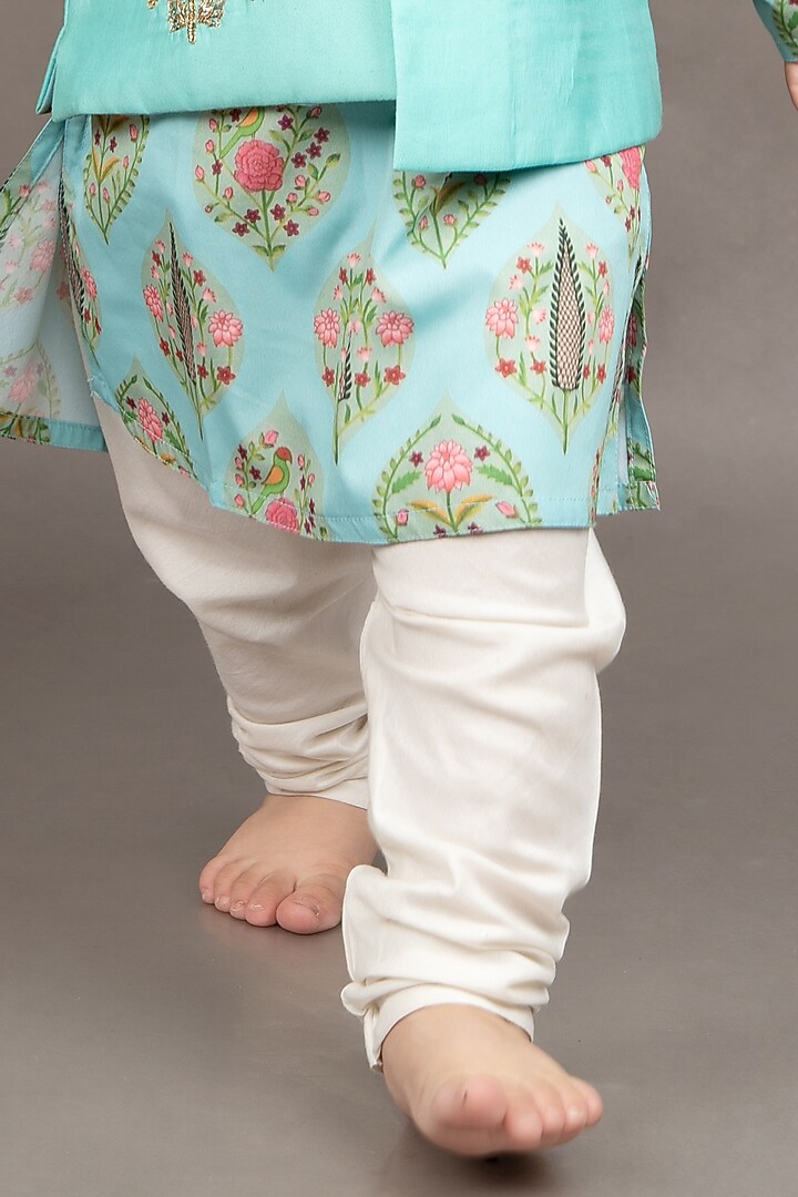 Aqua Blue Crepe Boota Hand Embroidered Nehru Jacket Set For Boys by LITTLE BRATS at Pernia's Pop Up Shop