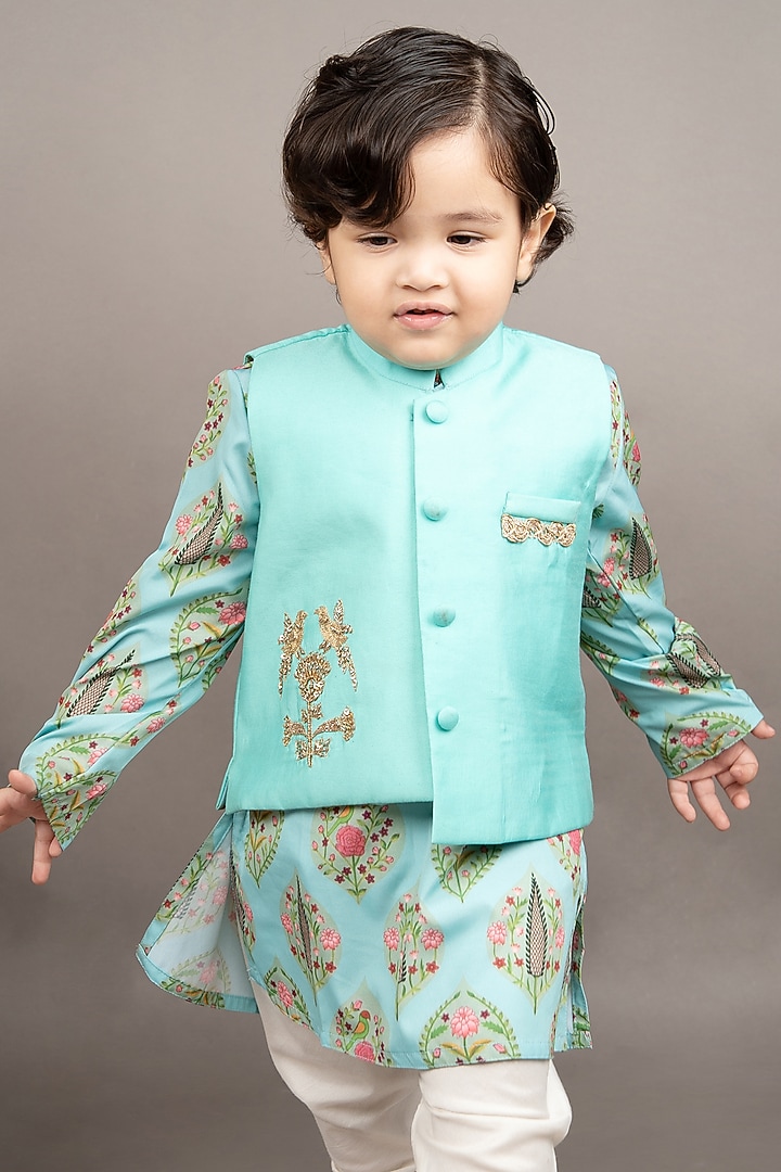 Aqua Blue Crepe Boota Hand Embroidered Nehru Jacket Set For Boys by LITTLE BRATS at Pernia's Pop Up Shop