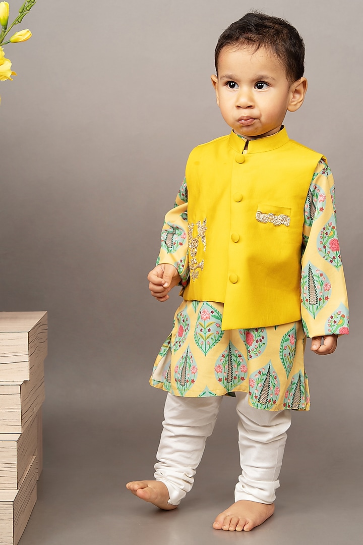 Mustard Yellow Crepe Boota Hand Embroidered Nehru Jacket Set For Boys by LITTLE BRATS