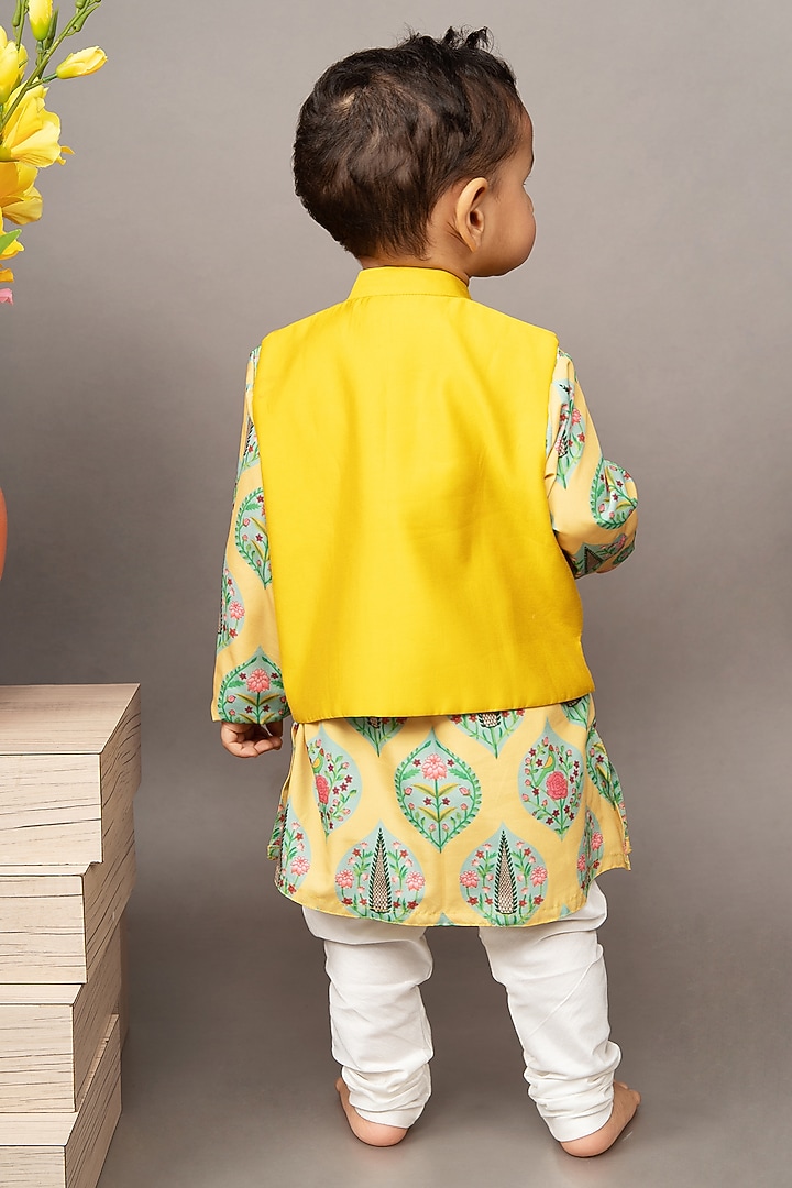 Mustard Yellow Crepe Boota Hand Embroidered Nehru Jacket Set For Boys by LITTLE BRATS at Pernia's Pop Up Shop
