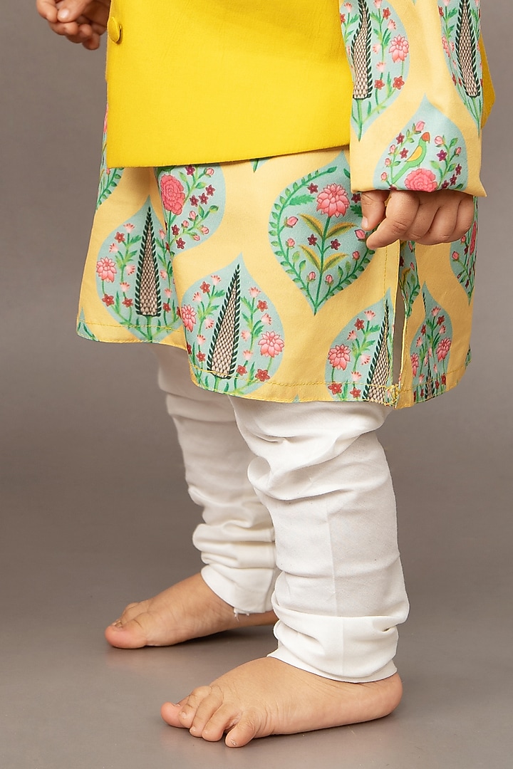 Mustard Yellow Crepe Boota Hand Embroidered Nehru Jacket Set For Boys by LITTLE BRATS at Pernia's Pop Up Shop
