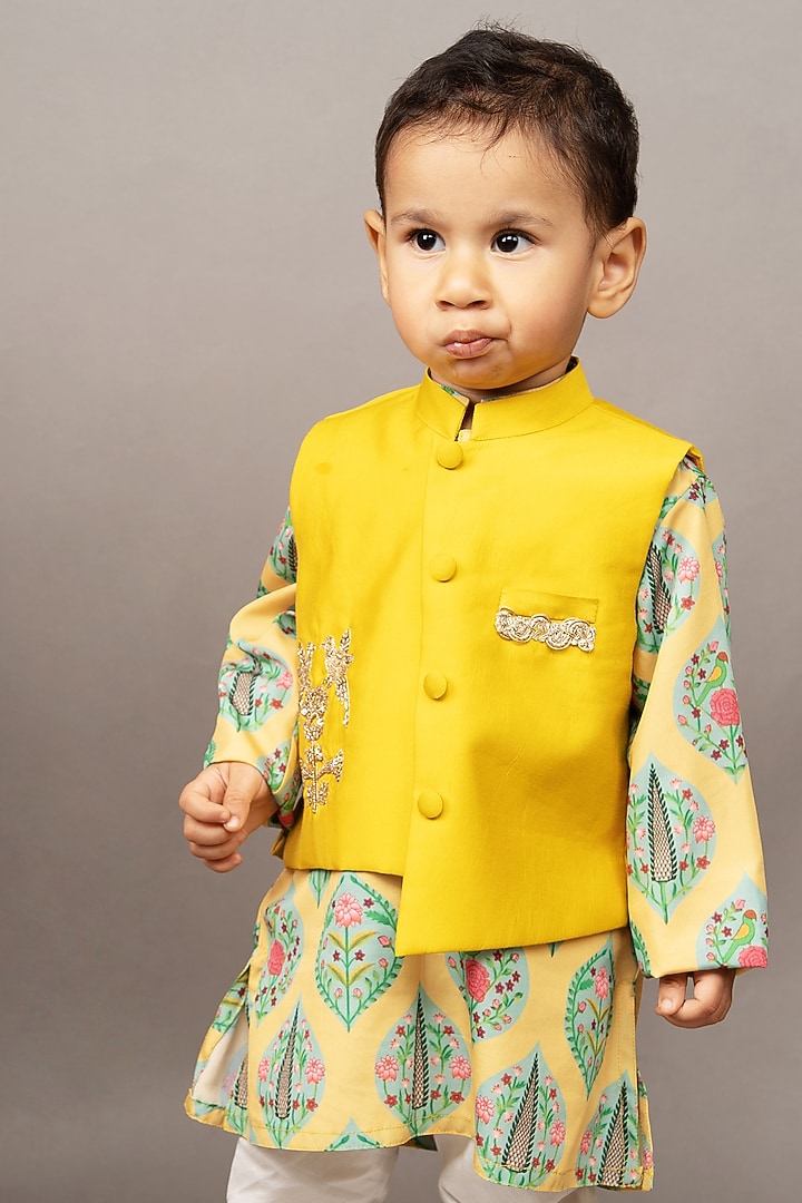 Mustard Yellow Crepe Boota Hand Embroidered Nehru Jacket Set For Boys by LITTLE BRATS at Pernia's Pop Up Shop