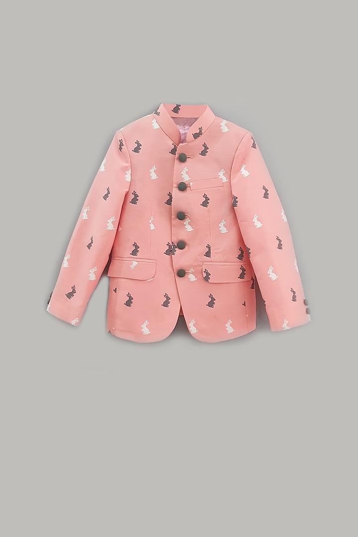 Peach Printed Bandhgala Jacket For Boys by LITTLE BRATS at Pernia's Pop Up Shop
