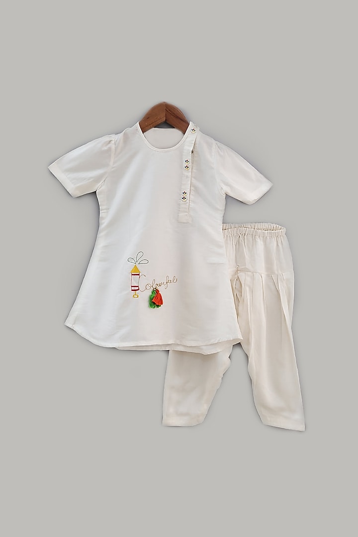 White Embroidered Kurta Set For Girls by LITTLE BRATS