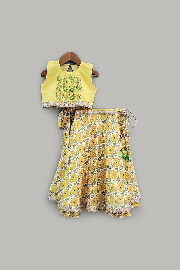 Yellow Printed Lehenga Set For Girls by LITTLE BRATS