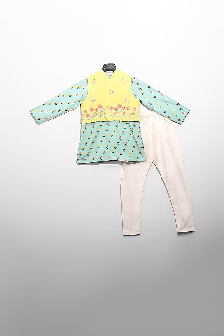 Yellow & Aqua Green Embroidered Jacket Set For Boys by LITTLE BRATS