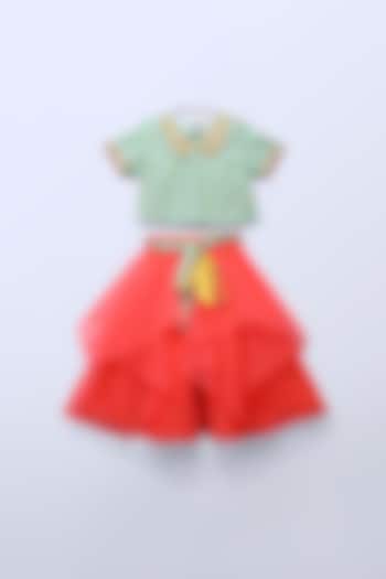 Aqua Green & Red Hand Embroidered Lehenga Set For Girls by LITTLE BRATS