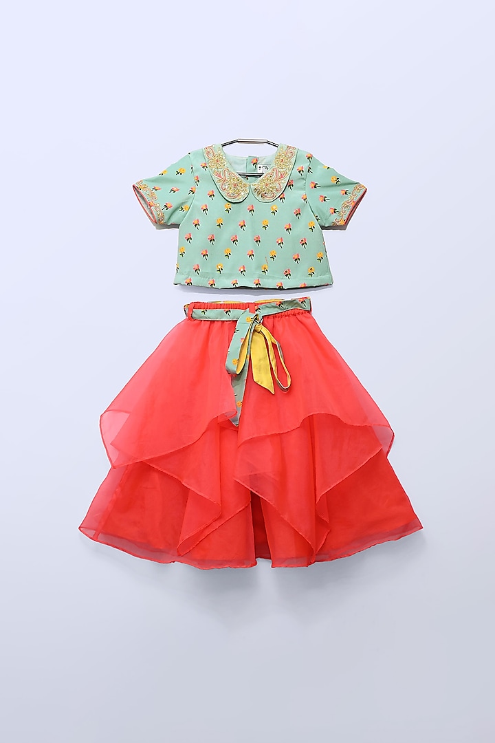 Aqua Green & Red Hand Embroidered Lehenga Set For Girls by LITTLE BRATS