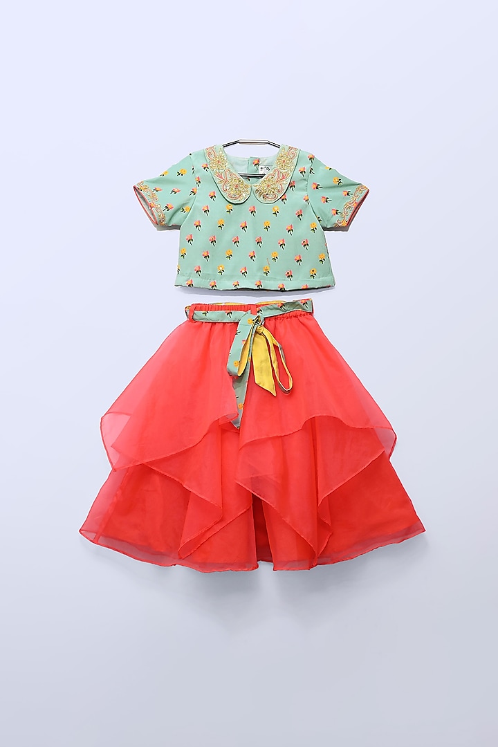 Aqua Green & Red Hand Embroidered Lehenga Set For Girls by LITTLE BRATS at Pernia's Pop Up Shop