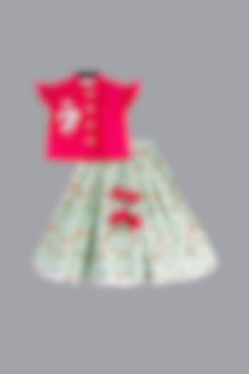 Pink & Aqua Blue Hand Embroidered Lehenga Set For Girls by LITTLE BRATS