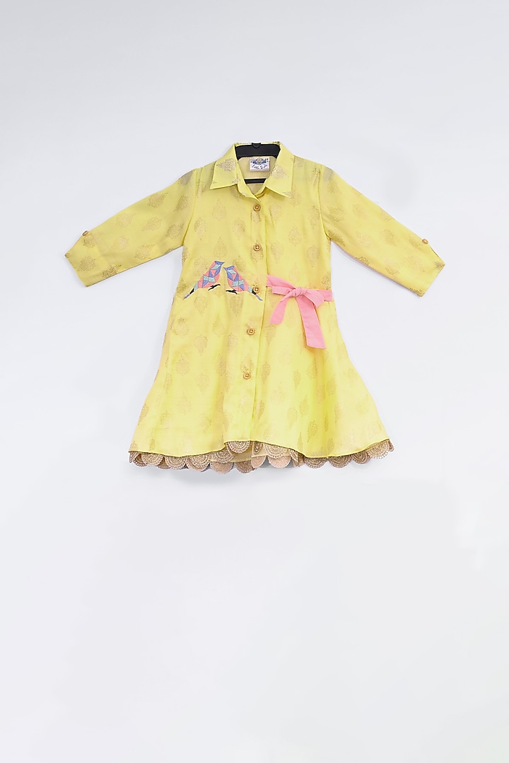 Yellow Embroidered & Printed Dress For Girls by LITTLE BRATS