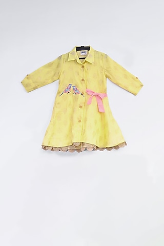 Yellow Embroidered & Printed Dress For Girls by LITTLE BRATS