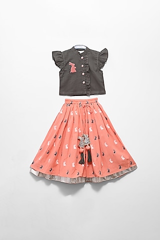 Grey & Pink Hand Embroidered Lehenga Set For Girls by LITTLE BRATS