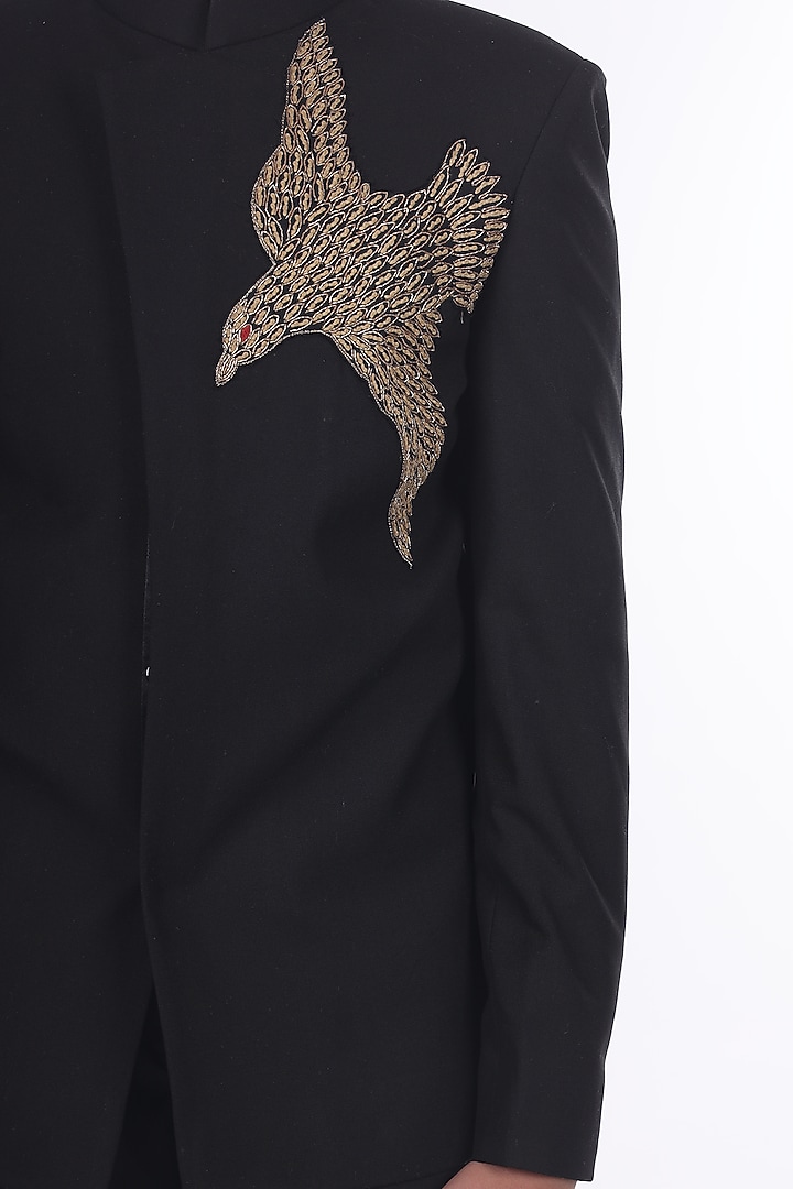 Black Viscose Blend Hand Embroidered Coat Set For Boys by LITTLE BRATS at Pernia's Pop Up Shop