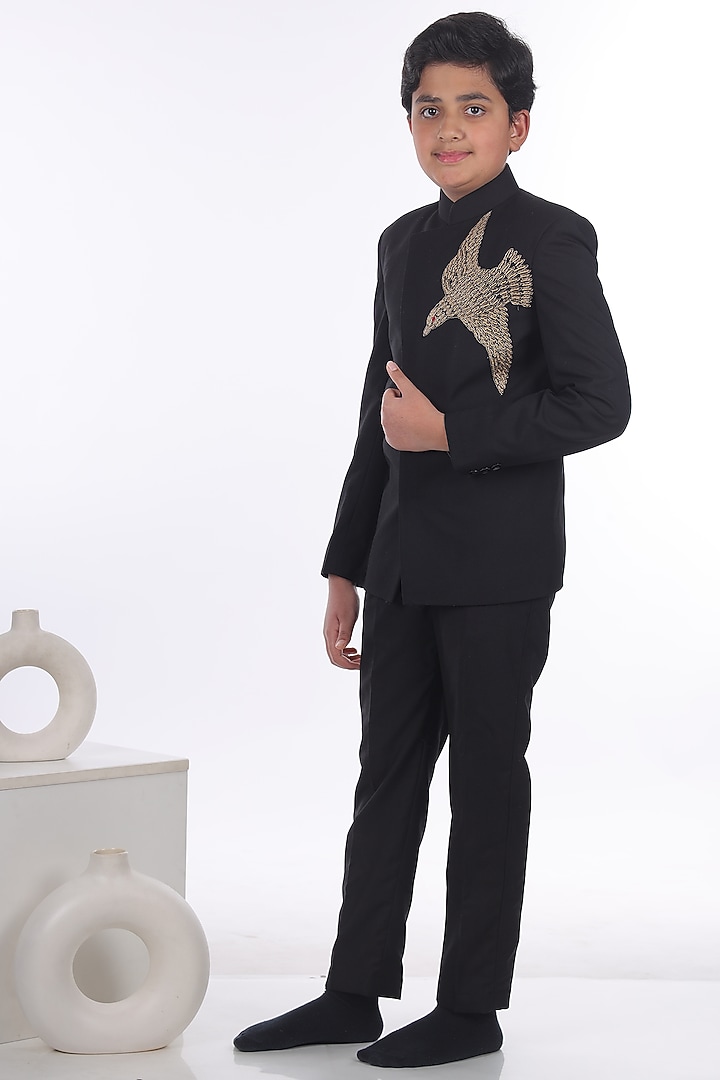 Black Viscose Blend Hand Embroidered Coat Set For Boys by LITTLE BRATS at Pernia's Pop Up Shop