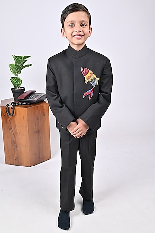 Black Viscose Blend Hand Embroidered Coat Set For Boys by LITTLE BRATS
