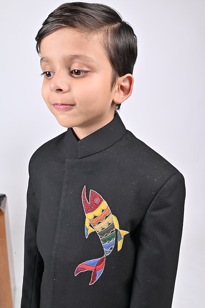 Black Viscose Blend Hand Embroidered Coat Set For Boys by LITTLE BRATS at Pernia's Pop Up Shop