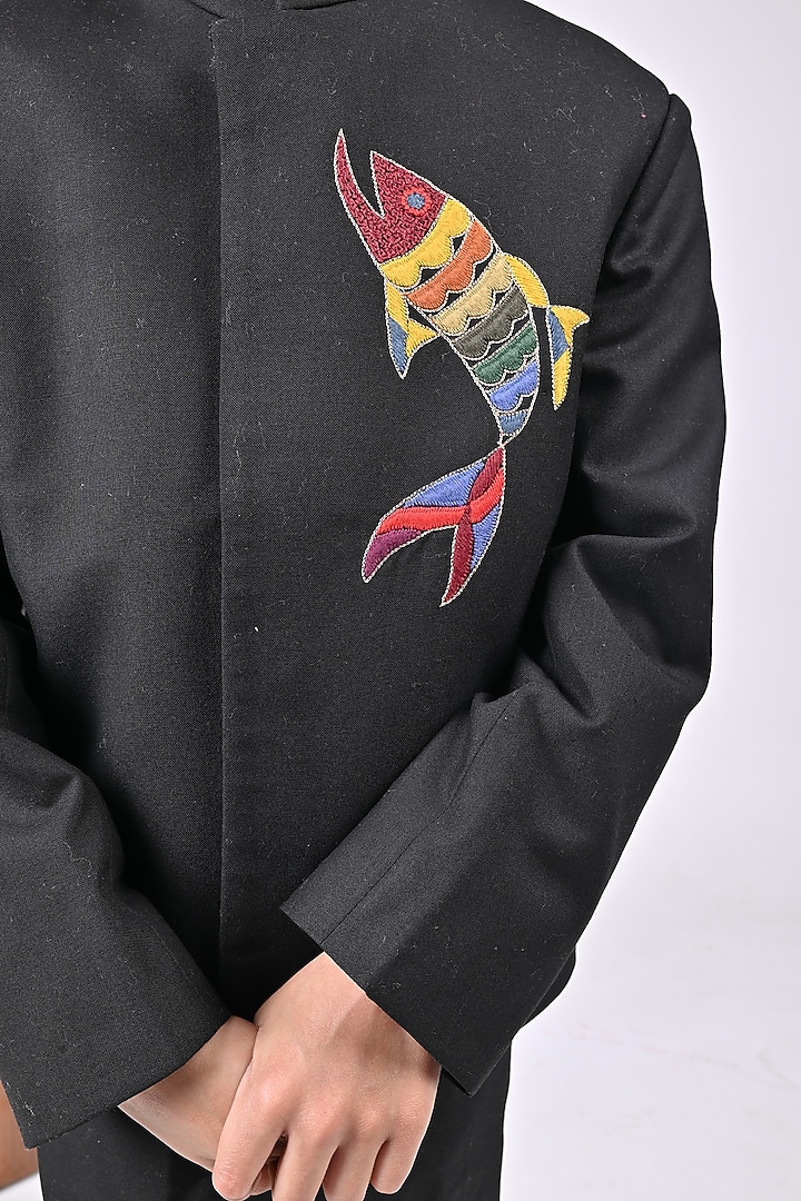 Black Viscose Blend Hand Embroidered Coat Set For Boys by LITTLE BRATS at Pernia's Pop Up Shop