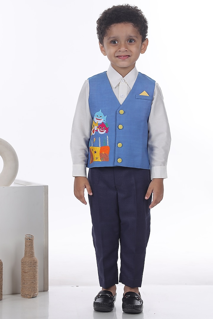 Navy Blue Cotton Silk & Teddy Cotton Embroidered Waistcoat Set For Boys by LITTLE BRATS
