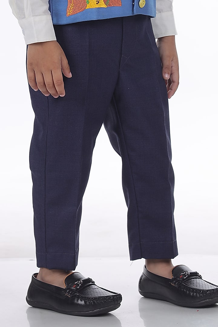 Navy Blue Cotton Silk & Teddy Cotton Embroidered Waistcoat Set For Boys by LITTLE BRATS at Pernia's Pop Up Shop