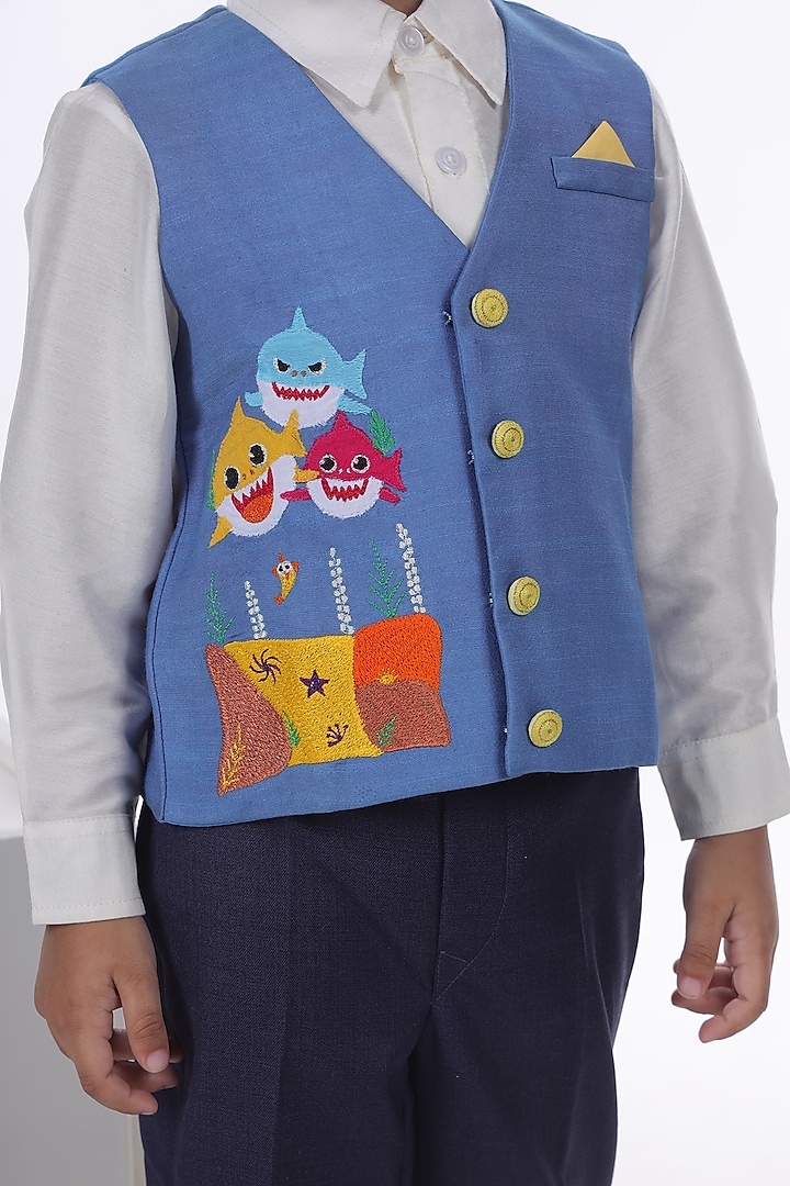 Navy Blue Cotton Silk & Teddy Cotton Embroidered Waistcoat Set For Boys by LITTLE BRATS at Pernia's Pop Up Shop