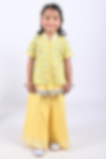 Yellow Cotton Blend Embroidered Sharara Set For Girls by LITTLE BRATS