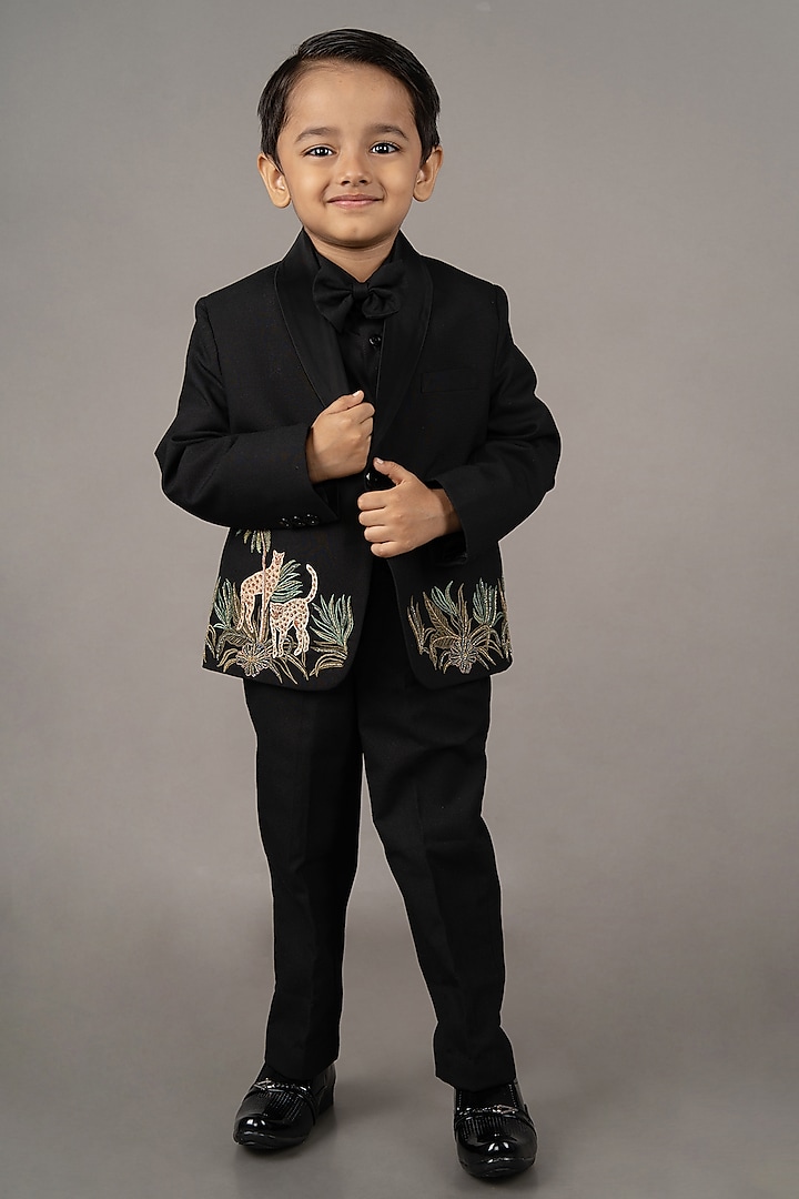 Black Cotton Blend Hand Embroidered Tuxedo Set For Boys by LITTLE BRATS