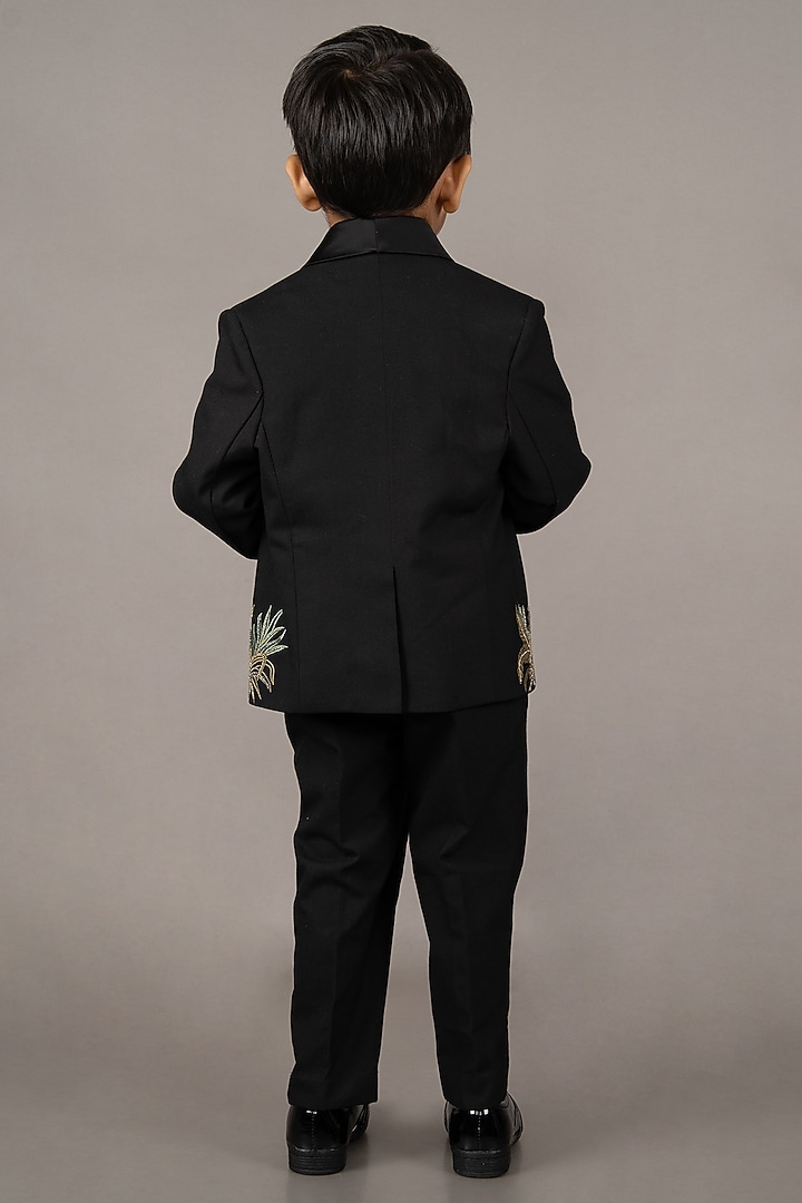 Black Cotton Blend Hand Embroidered Tuxedo Set For Boys by LITTLE BRATS at Pernia's Pop Up Shop