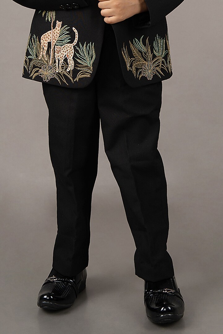 Black Cotton Blend Hand Embroidered Tuxedo Set For Boys by LITTLE BRATS at Pernia's Pop Up Shop