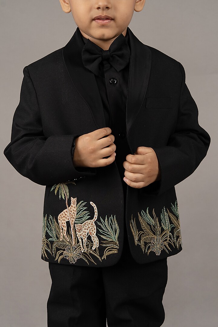 Black Cotton Blend Hand Embroidered Tuxedo Set For Boys by LITTLE BRATS at Pernia's Pop Up Shop