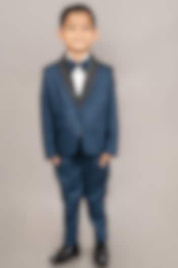 Prussian Blue Cotton Blend Embroidered Tuxedo Set For Boys by LITTLE BRATS