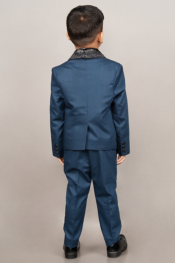 Prussian Blue Cotton Blend Embroidered Tuxedo Set For Boys by LITTLE BRATS at Pernia's Pop Up Shop
