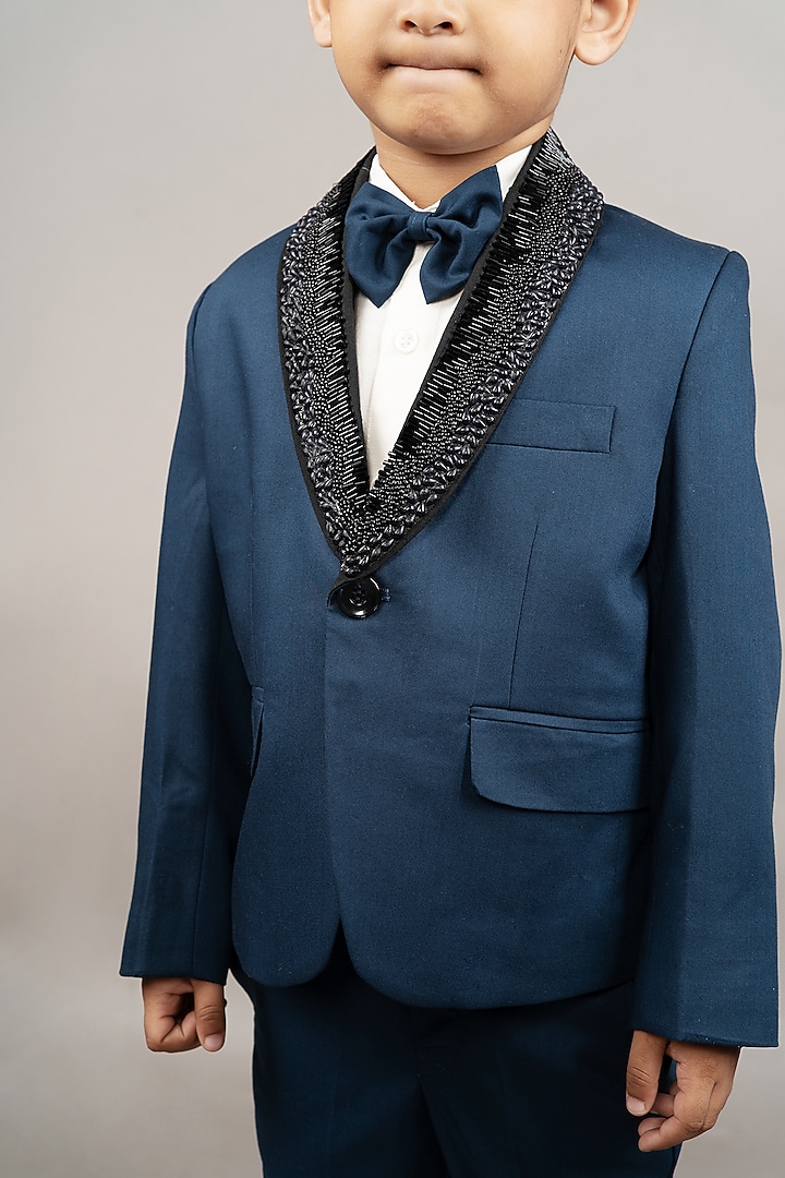 Prussian Blue Cotton Blend Embroidered Tuxedo Set For Boys by LITTLE BRATS at Pernia's Pop Up Shop