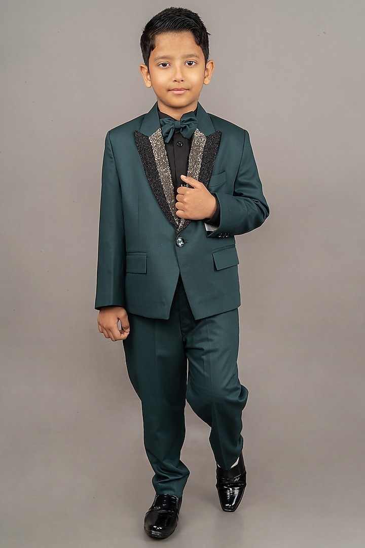 Pine Green Cotton Blend Embroidered Suit Set For Boys by LITTLE BRATS