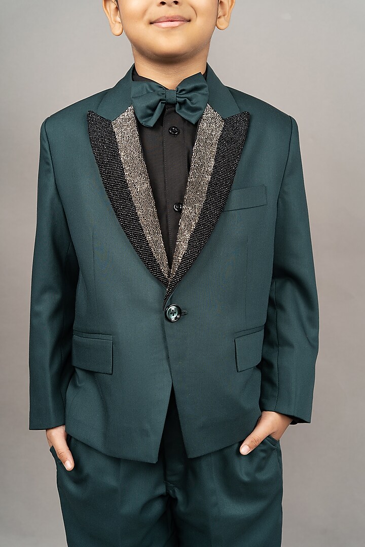 Pine Green Cotton Blend Embroidered Suit Set For Boys by LITTLE BRATS at Pernia's Pop Up Shop